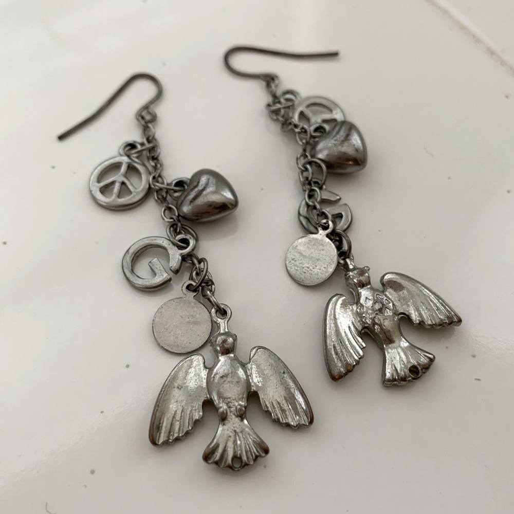 Guess Dangle Peace Love Hope Silver Earrings